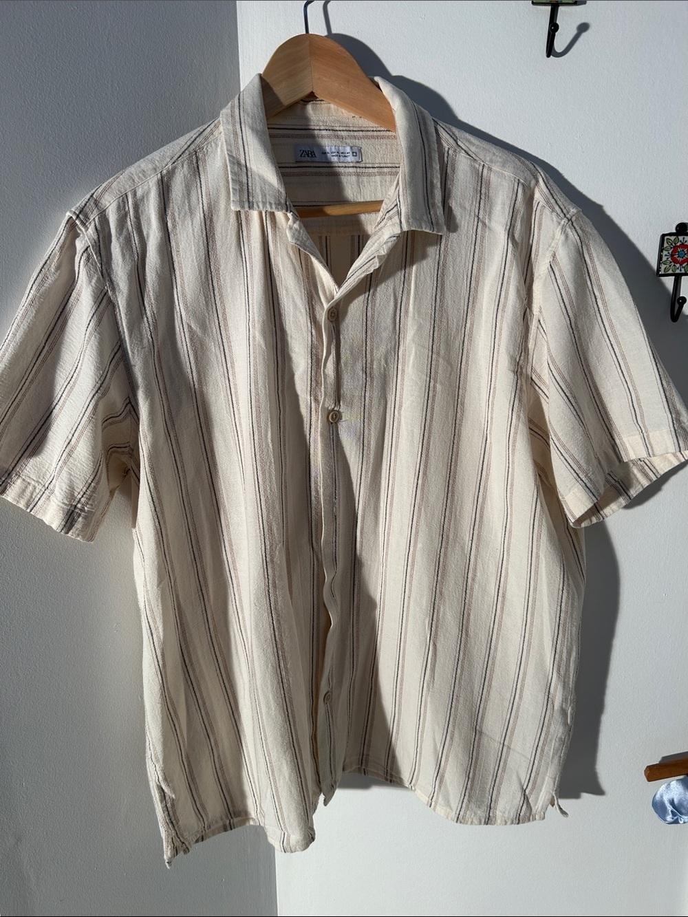 Zara Cream Short-Sleeve Striped Button-Down Shirt